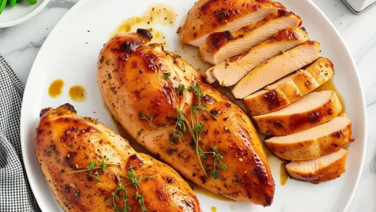 Golden-brown 3-Ingredient Brown Sugar Italian Chicken served on a white plate, with one breast sliced and garnished with fresh thyme.