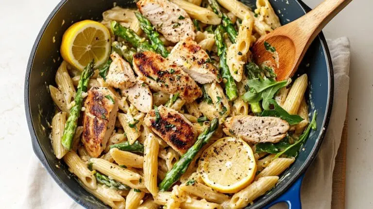 Skillet of Lemon Garlic Chicken Pasta with grilled chicken, penne pasta, asparagus, and fresh lemon slices, garnished with herbs.