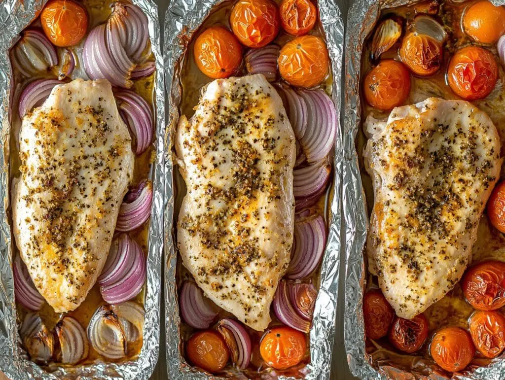 Baking Chicken in Foil Trays, showing seasoned chicken breasts with roasted red onions and cherry tomatoes at different stages of cooking.