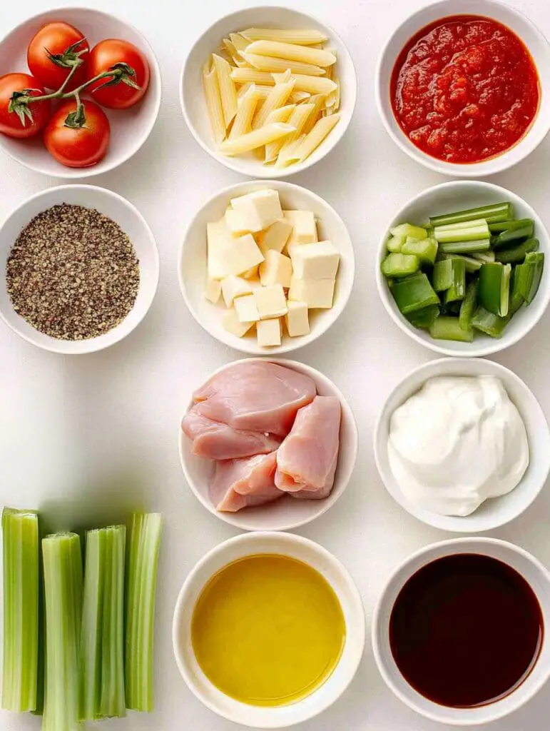 Ingredients laid out for a pasta recipe including penne pasta, chicken, chopped vegetables, spices, and sauces.