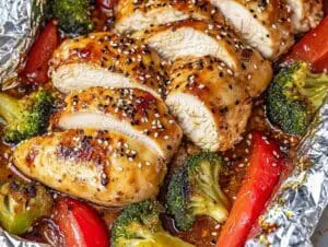 Juicy and flavorful baking chicken in foil trays, cooked with a savory glaze, sesame seeds, and roasted vegetables like broccoli and bell peppers.