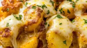 Close-up of crispy golden potatoes topped with melted Parmesan cheese and fresh parsley, part of a garlic Parmesan chicken and potato skillet dish.