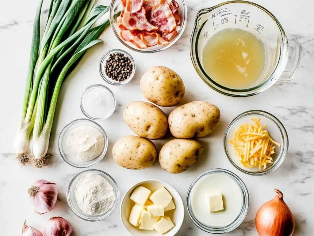 Fresh ingredients for slow cooker loaded baked potato soup, including potatoes, green onions, garlic, cheddar cheese, butter, cream, chicken broth, black pepper, flour, and turkey bacon, arranged on a marble surface.