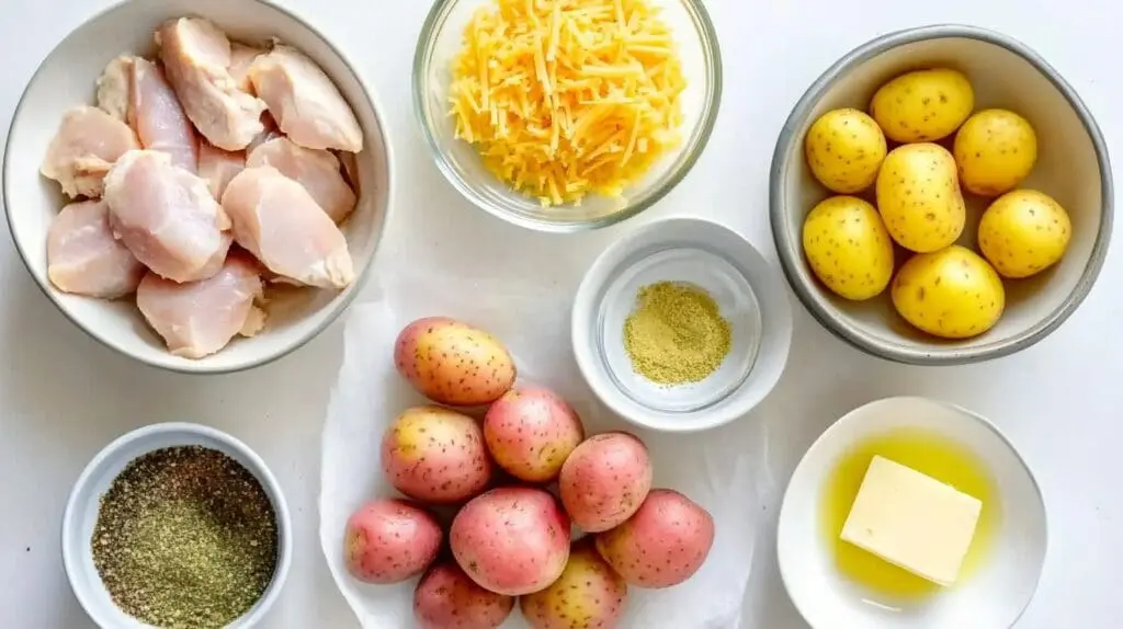 Fresh ingredients for Garlic Parmesan Chicken and Potato Skillet, including diced chicken, baby potatoes, shredded cheese, butter, olive oil, and seasonings.