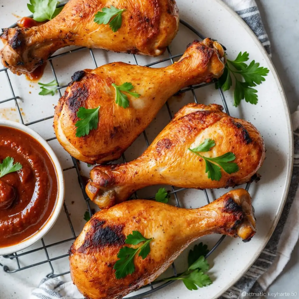 Golden and crispy air fryer chicken legs arranged on a plate, garnished with fresh parsley for a delicious and healthy meal.