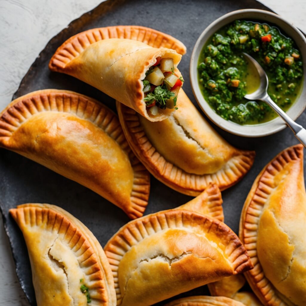 Golden, crispy empanadas cooked in an air fryer, filled with seasoned beef, and served with chimichurri sauce.