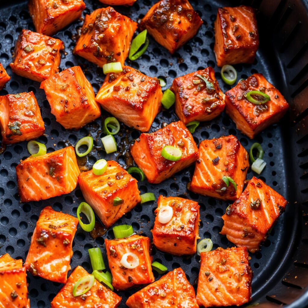 Crispy air fryer salmon bites served on a plate with a side of dipping sauce and lemon wedges.