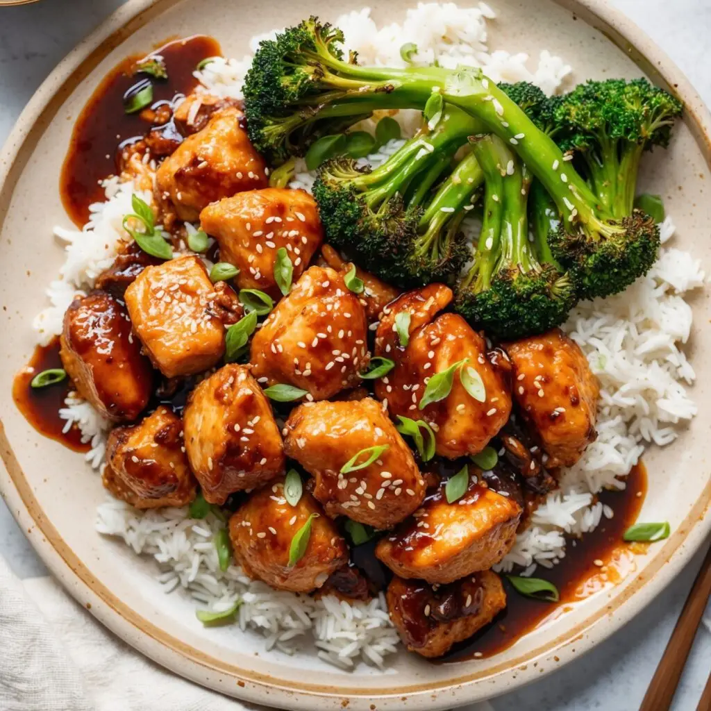 Juicy air fryer teriyaki chicken garnished with sesame seeds and green onions on a white plate.