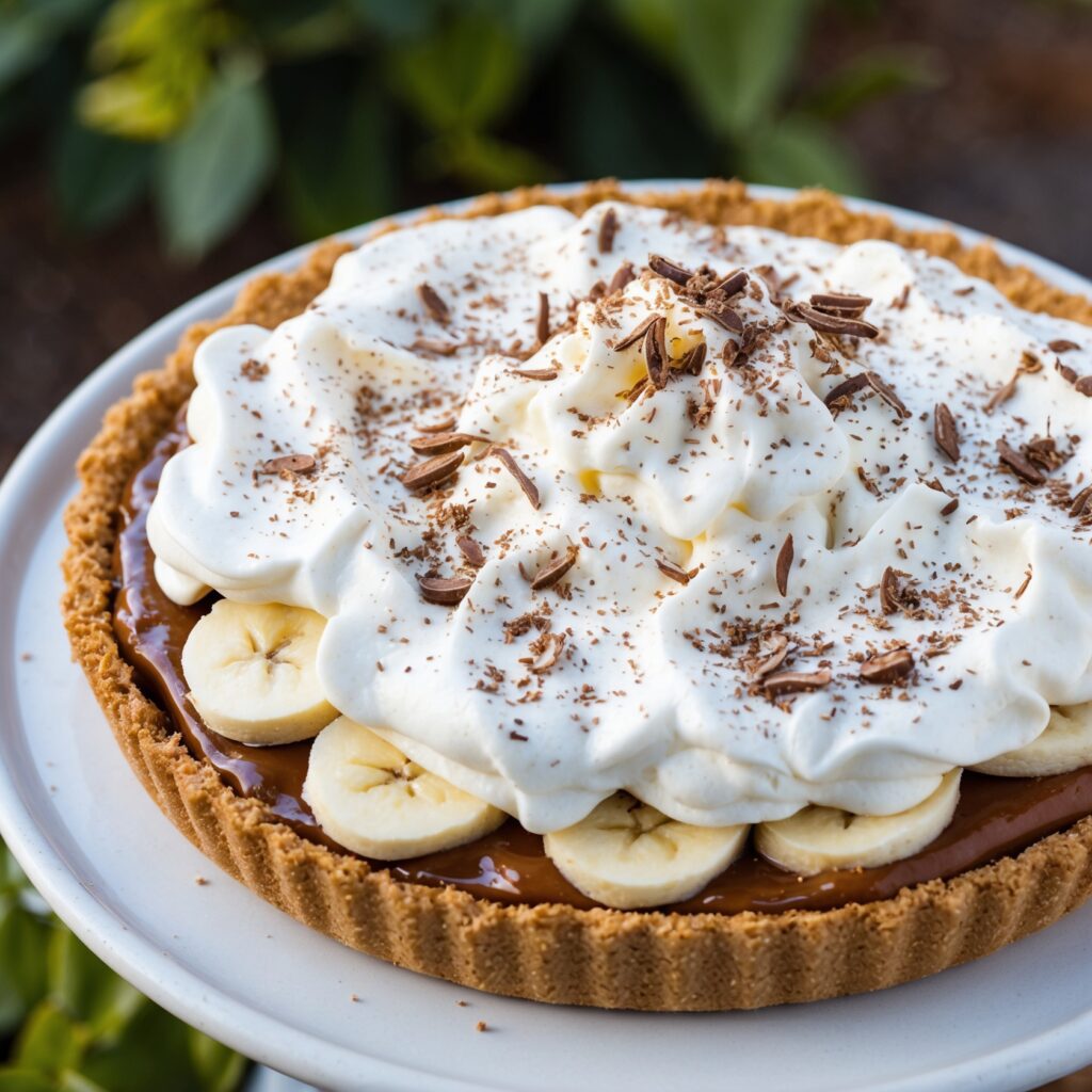 A classic Banoffee Pie with a buttery crust, layers of rich toffee, fresh banana slices, and fluffy whipped cream, topped with chocolate shavings.