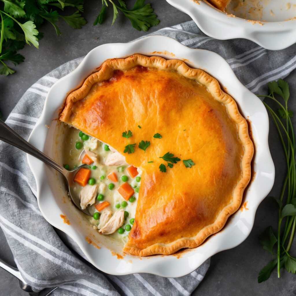 A golden Bisquick Chicken Pot Pie served in a casserole dish with creamy chicken and vegetable filling.