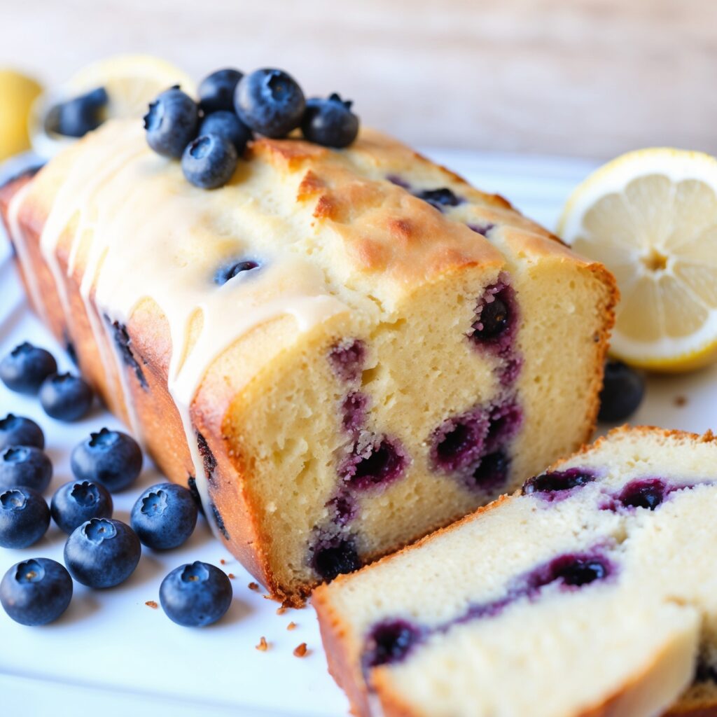 A freshly baked blueberry lemon bread topped with a zesty lemon glaze and garnished with fresh blueberries.