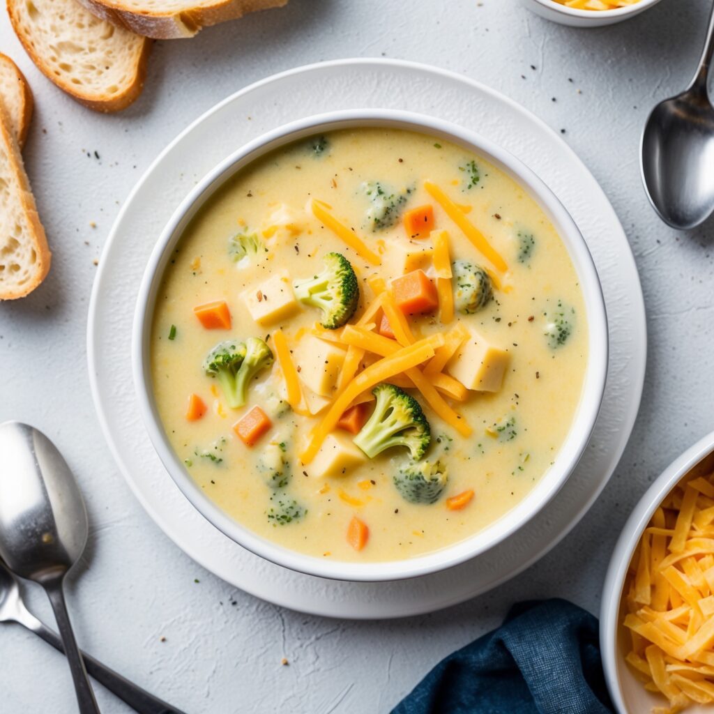 A bowl of Broccoli Cheese Soup topped with shredded cheddar and croutons, served with a slice of crusty bread.