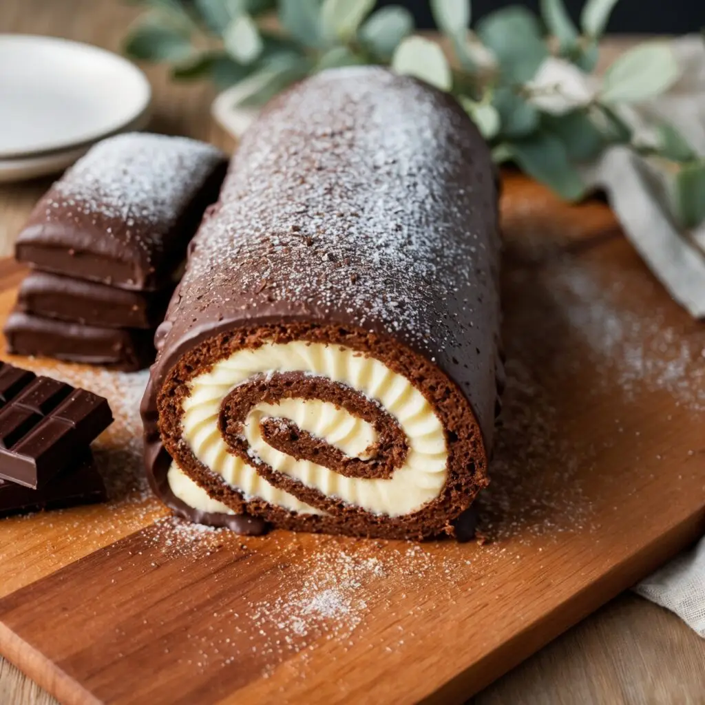 Beautifully decorated Bûche de Noël with chocolate frosting, meringue mushrooms, sugared cranberries, and a dusting of powdered sugar for a snowy effect.