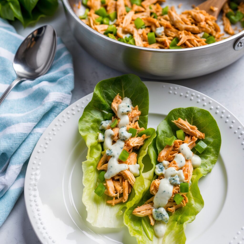 A plate of Buffalo Chicken Lettuce Wraps made with crisp butter lettuce leaves, shredded buffalo chicken, diced celery, sliced carrots, blue cheese crumbles, and ranch dressing, garnished with fresh parsley.