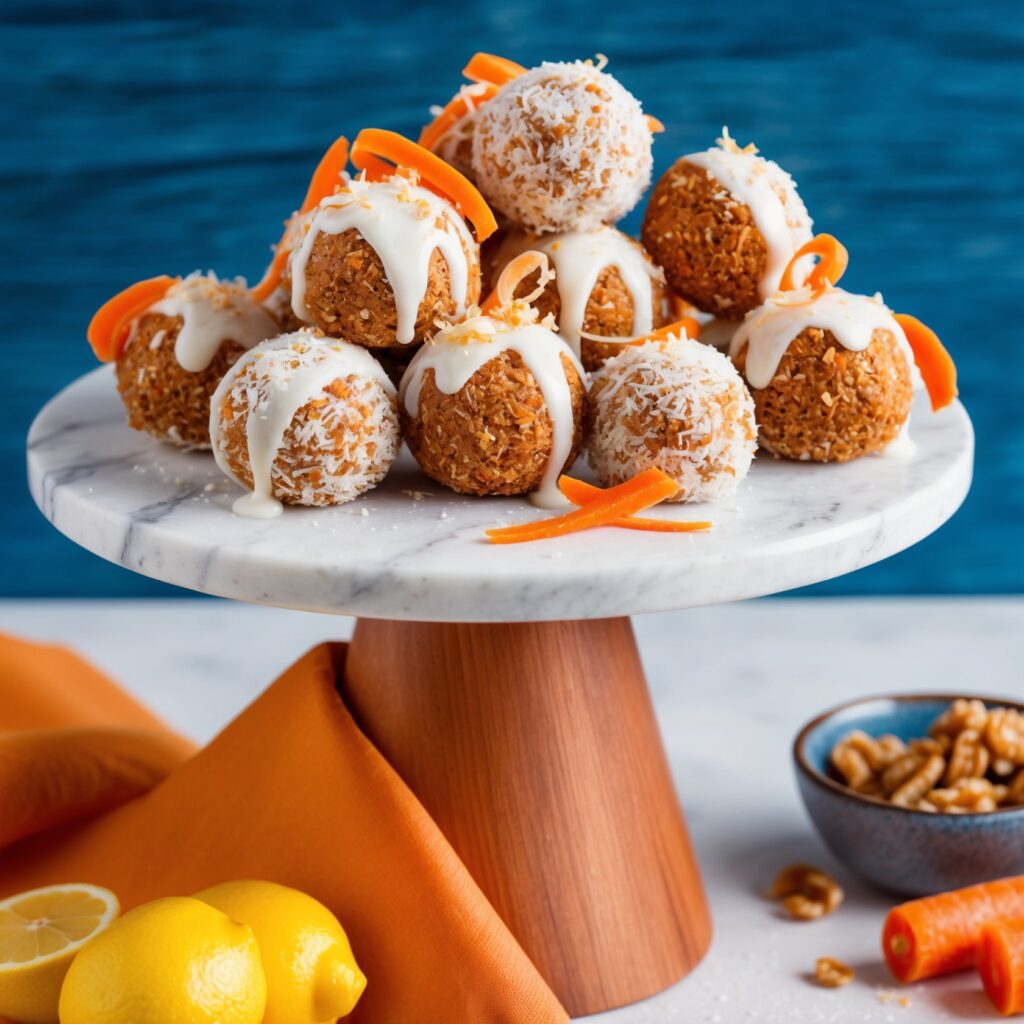 A plate of carrot cake bites rolled in shredded coconut and garnished with fresh mint leaves.