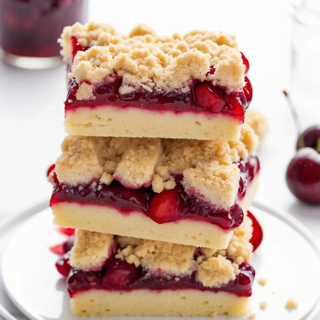 A plate of cherry pie bars with a golden crust, filled with vibrant cherry pie filling, and topped with a crumbly layer.