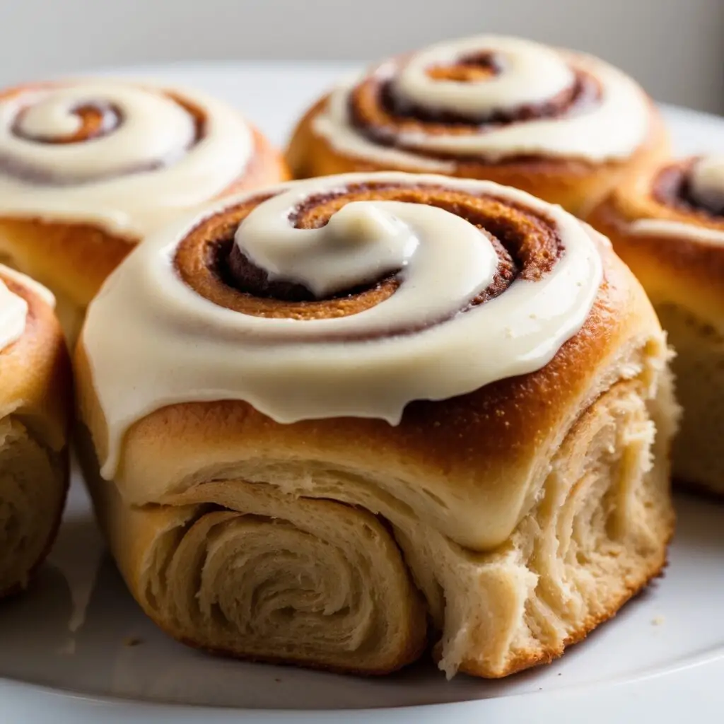 A tray of freshly baked cinnamon rolls topped with a creamy glaze, showcasing their gooey cinnamon-sugar swirl.