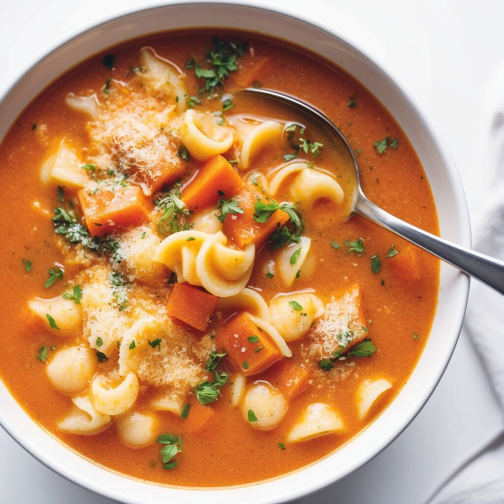 A bowl of creamy tortellini soup with cheese-filled pasta, fresh spinach, and a rich broth, served with a side of garlic bread.