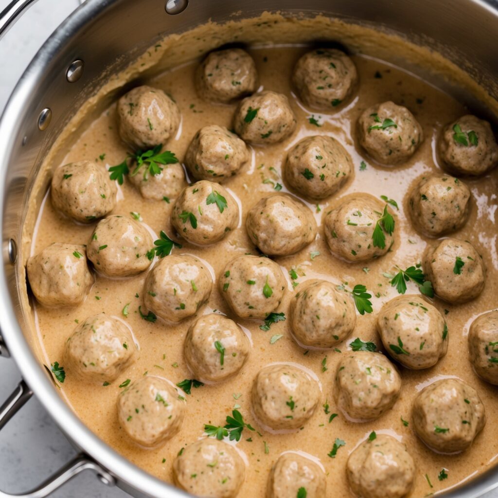 A bowl of Crockpot Swedish meatballs smothered in creamy gravy, garnished with fresh parsley.