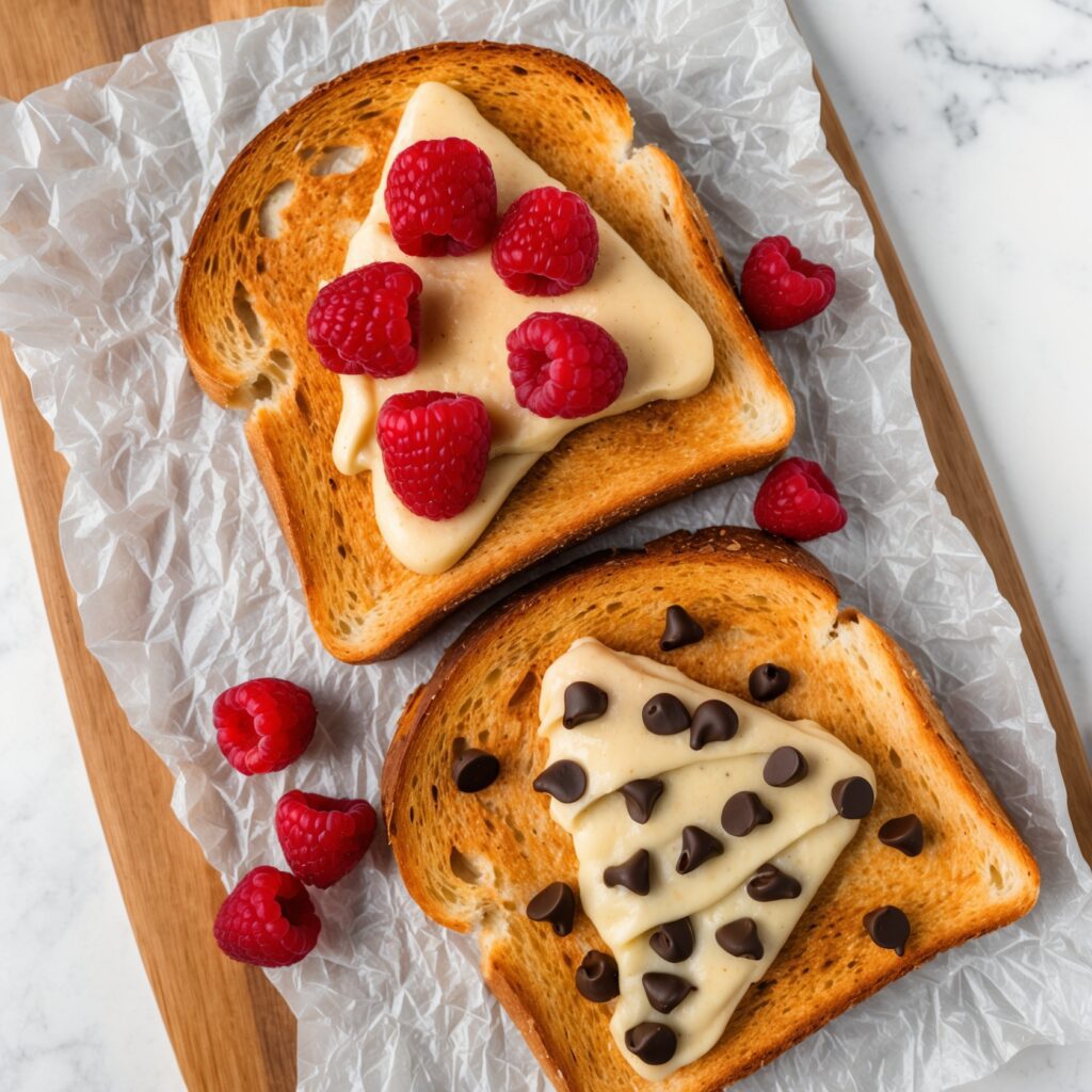 A plate of golden-brown custard toast with a creamy custard center, topped with fresh strawberries, blueberries, a drizzle of honey, and powdered sugar, served on a rustic wooden table with small bowls of additional toppings like nuts and fruits, illuminated by soft morning sunlight.