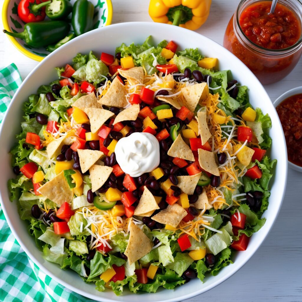 A colorful Dorito Taco Salad with seasoned ground beef, fresh lettuce, cherry tomatoes, shredded cheese, and crushed Doritos on a plate.