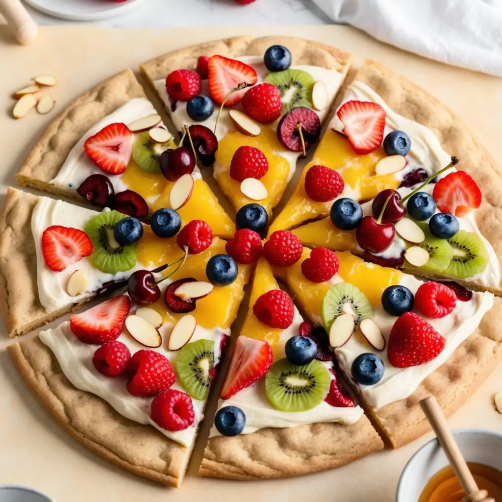 A vibrant Fruit Pizza topped with fresh strawberries, blueberries, kiwi, and mango arranged on a sugar cookie crust with creamy frosting.