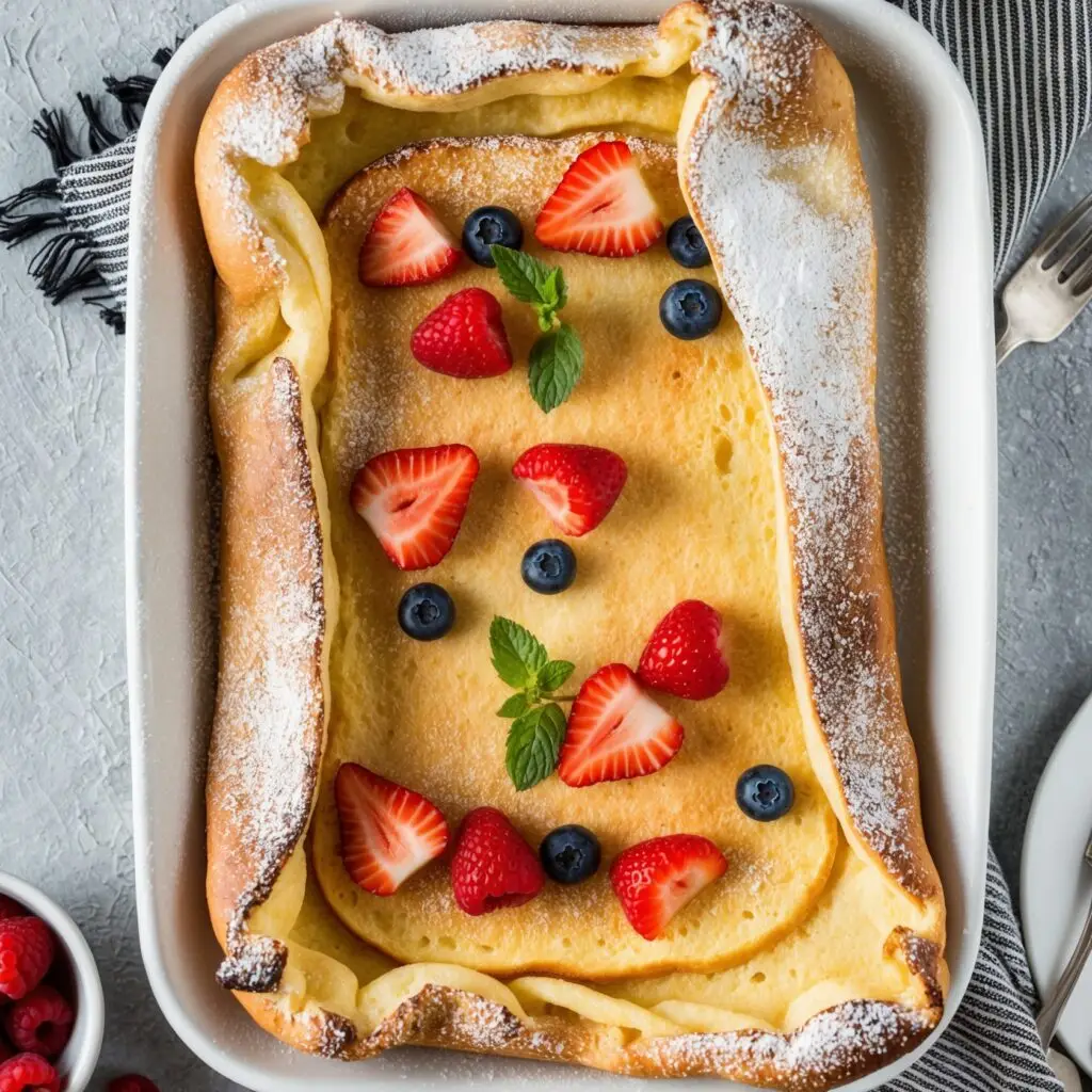 A golden German Pancake topped with fresh strawberries, blueberries, mint leaves, and powdered sugar.