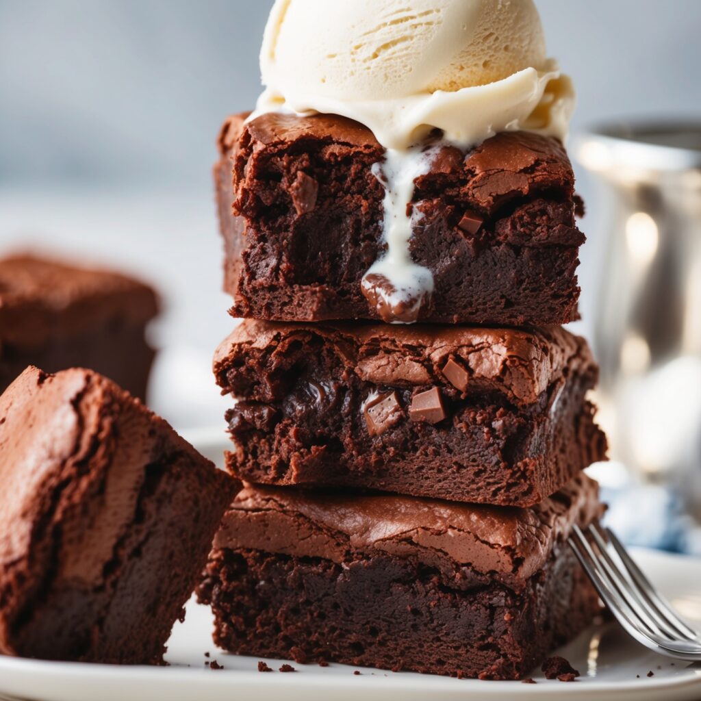 A plate of rich, fudgy gluten-free brownies dusted with powdered sugar, served with a side of fresh raspberries.