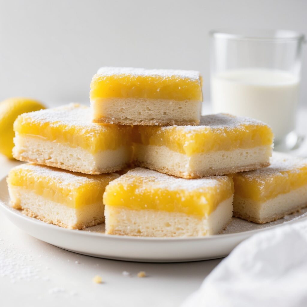 A plate of gluten-free lemon bars with a dusting of powdered sugar and fresh lemon slices for garnish.