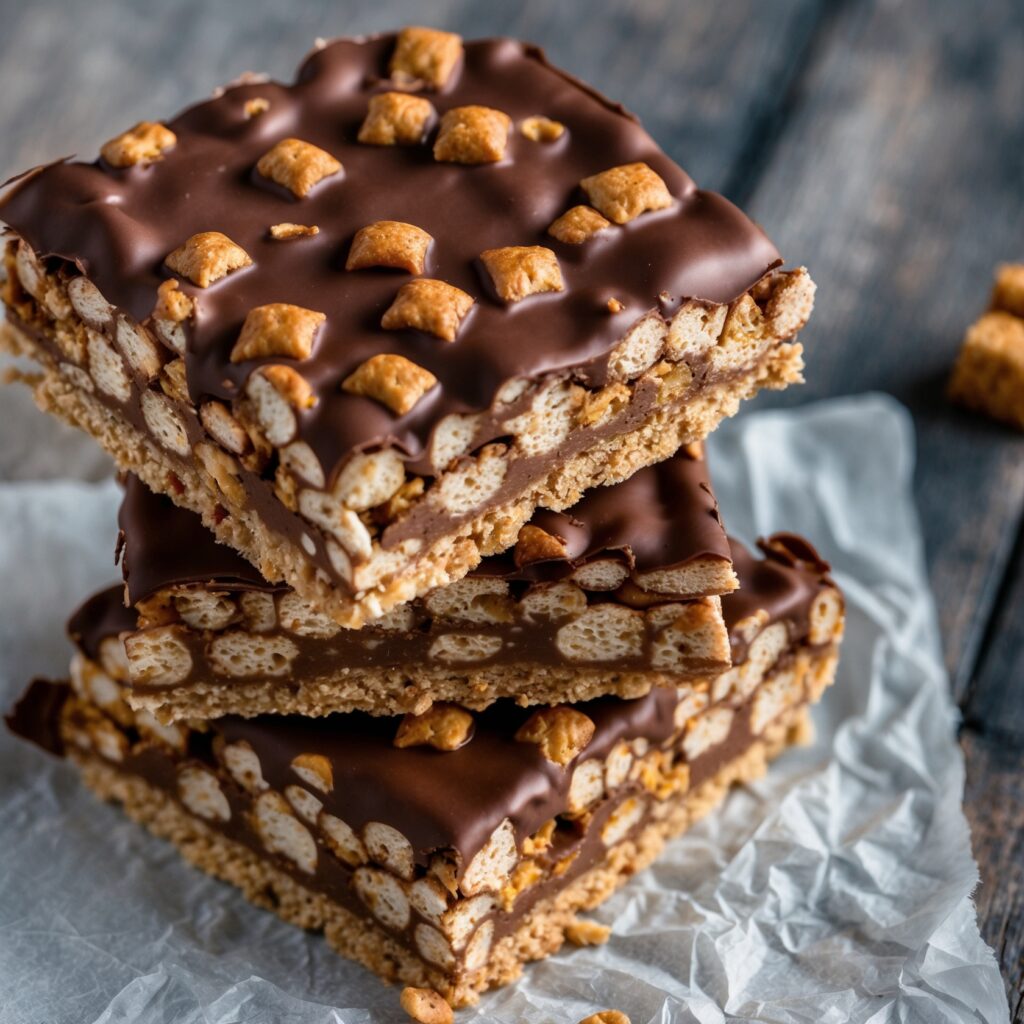 Golden Grahams Bars with gooey marshmallows, melted chocolate, and crispy cereal, cut into squares on a wooden serving tray.