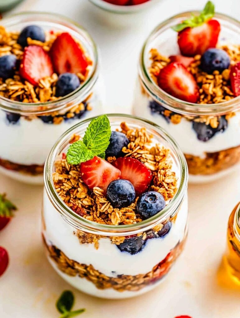 Creamy Greek yogurt parfait topped with fresh strawberries, blueberries, granola, and mint leaves in glass jars.