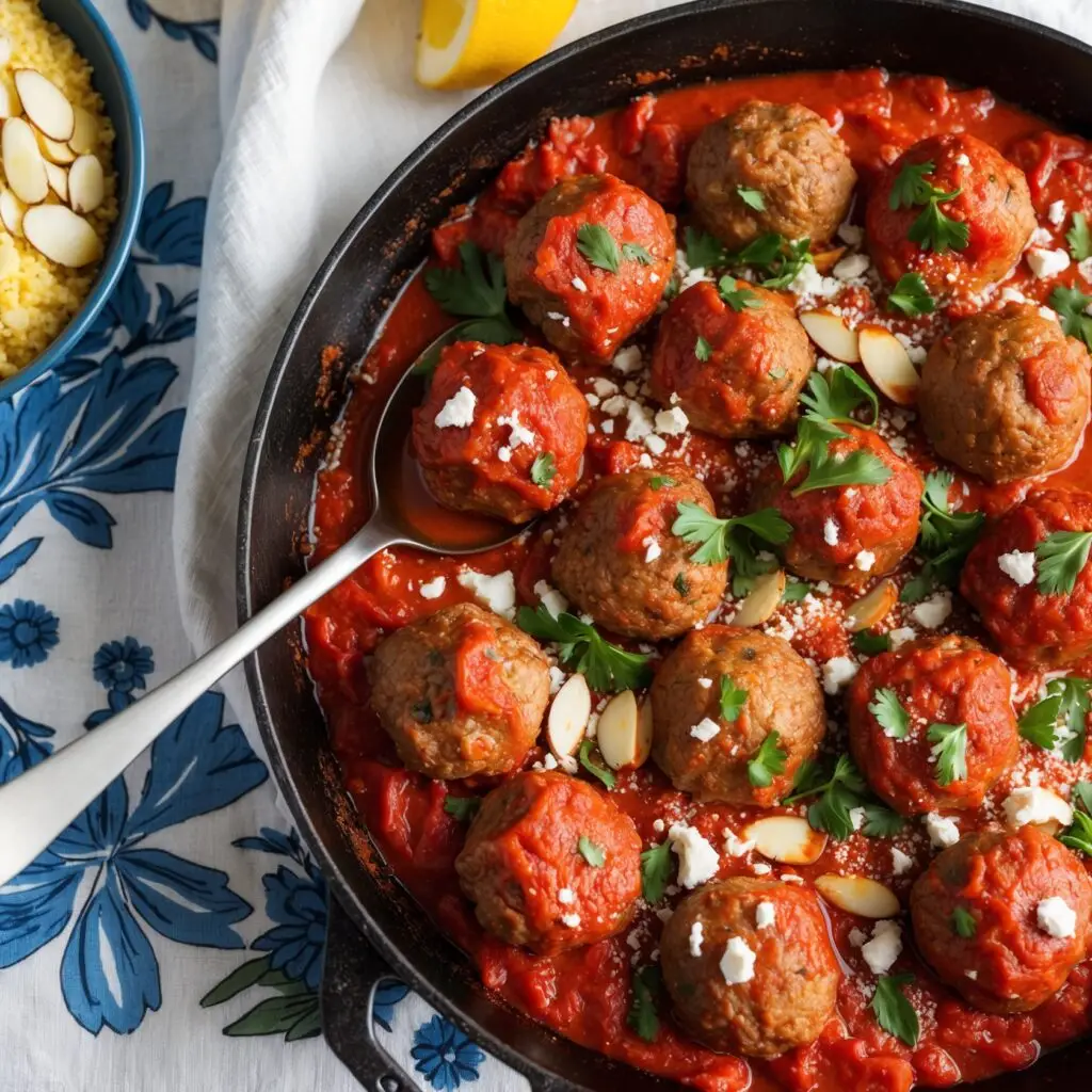 A plate of Harissa Meatballs garnished with fresh parsley, served with couscous and roasted vegetables.