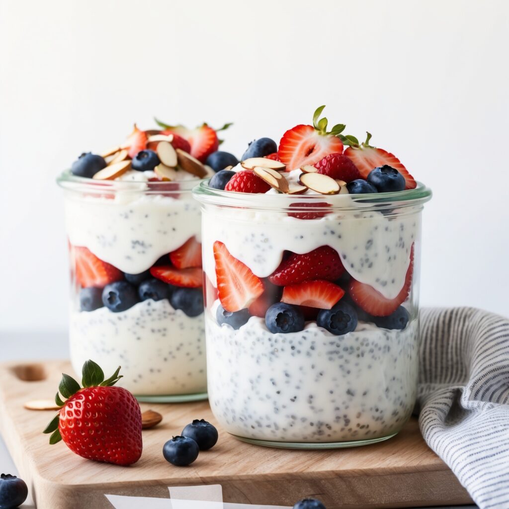 A glass jar of high-protein overnight oats topped with fresh blueberries, sliced bananas, chia seeds, and a drizzle of honey. The jar is placed on a rustic wooden table alongside a spoon, rolled oats, and a small bowl of nuts, with soft natural light highlighting the vibrant toppings.