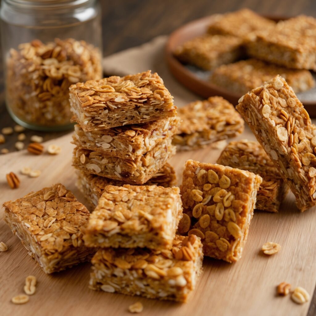 A stack of homemade crunchy granola bars with oats, nuts, and dried fruit, served on parchment paper.