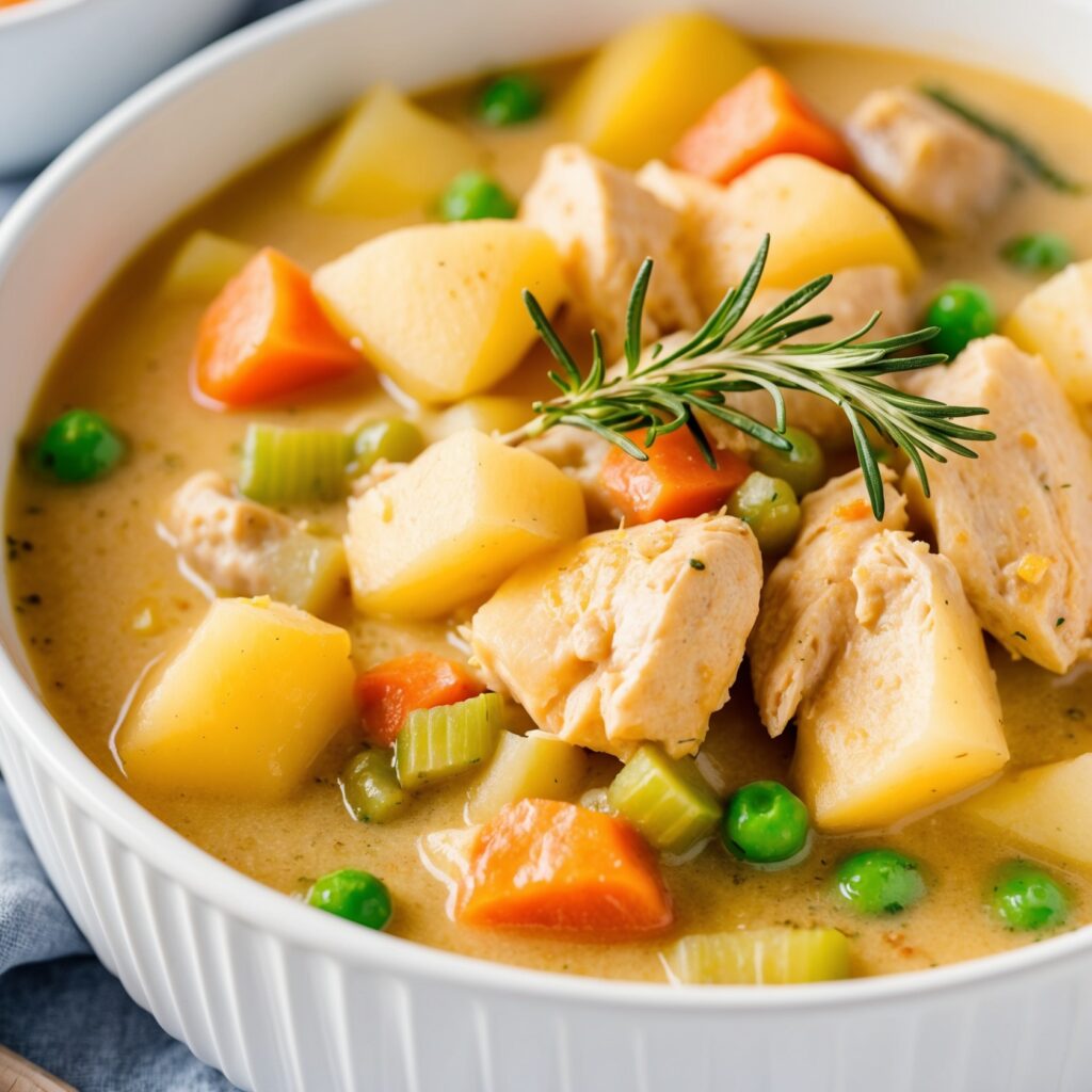 A bowl of Instant Pot Chicken and Dumplings with tender chicken, fluffy dumplings, and creamy broth, garnished with fresh parsley.