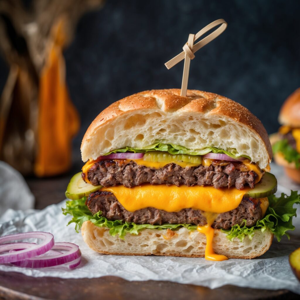 A juicy Lucy burger with melted cheese oozing from the center, served on a toasted bun with lettuce, tomato, and pickles.