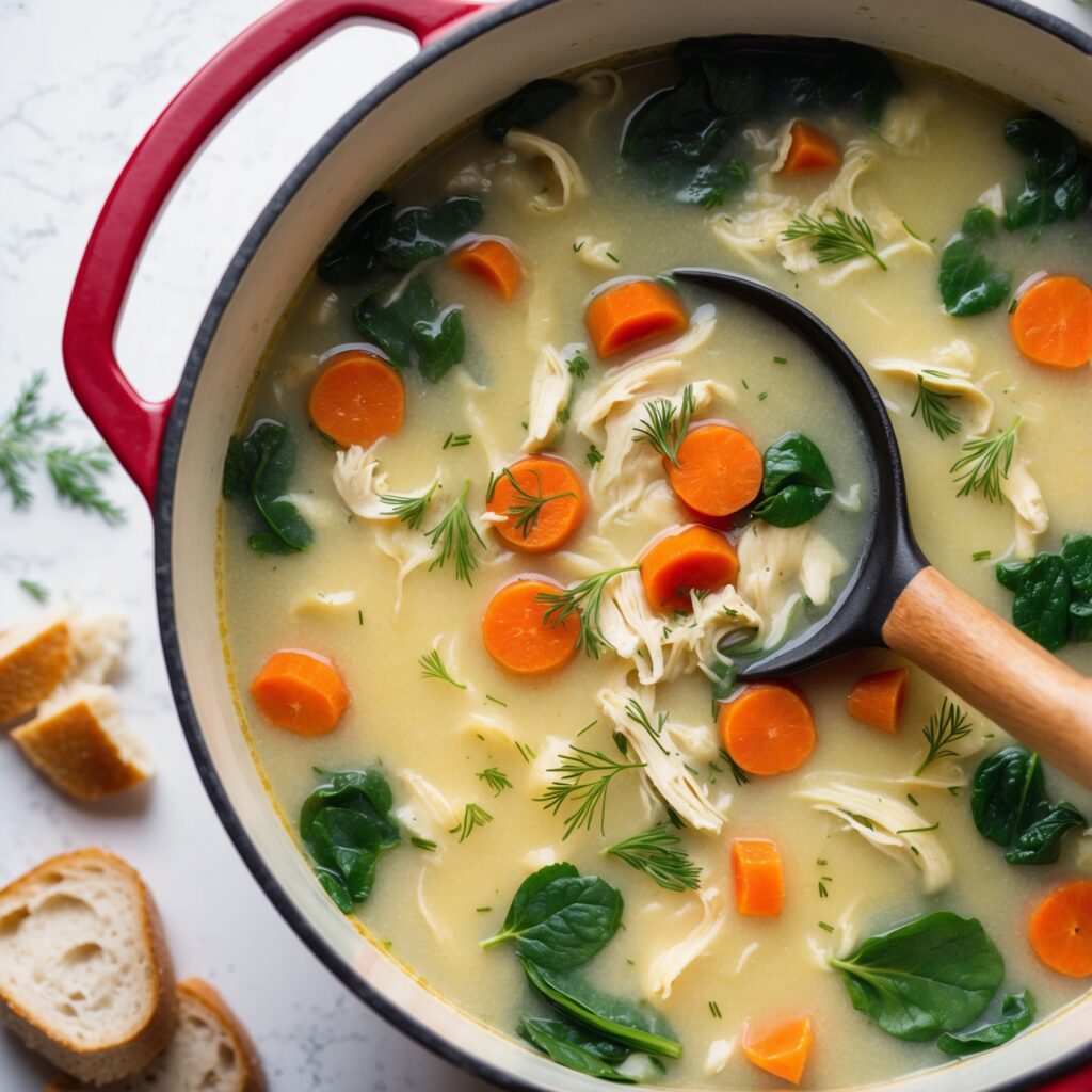 A bowl of Lemon Chicken Soup with Orzo, garnished with fresh parsley and lemon slices.