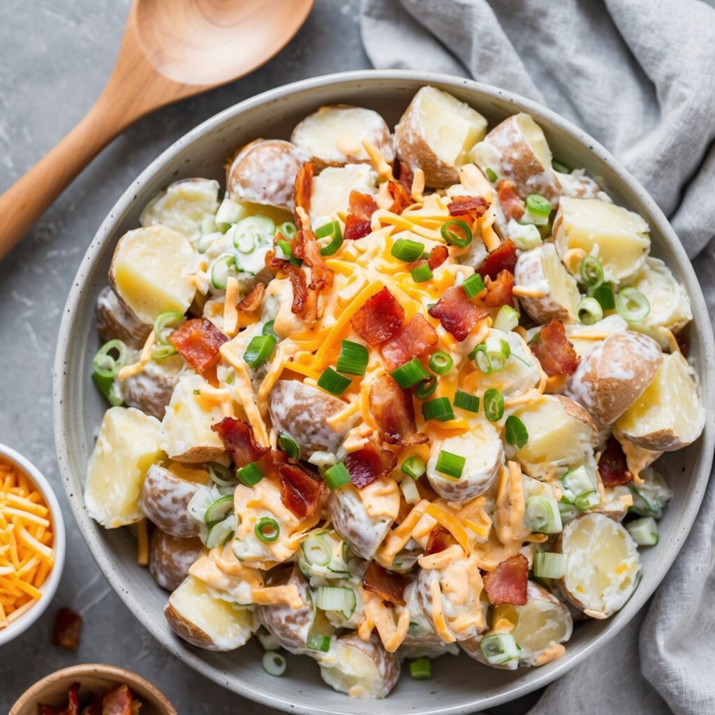 A bowl of loaded baked potato salad topped with bacon, cheese, and green onions.