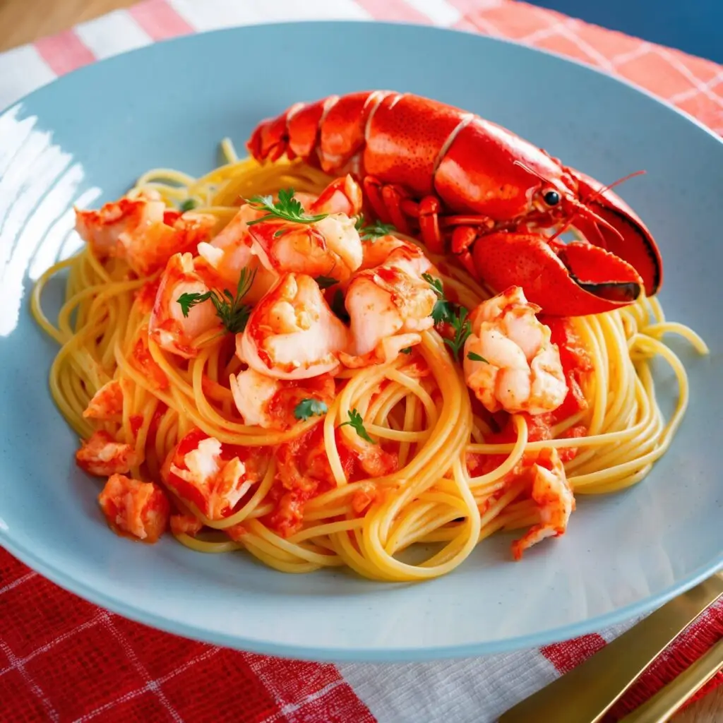 A vibrant plate of lobster pasta topped with tender lobster chunks, fresh parsley, and a whole lobster claw on a bed of golden spaghetti.