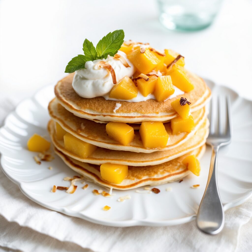 Stack of fluffy mango pancakes topped with fresh mango slices and syrup.