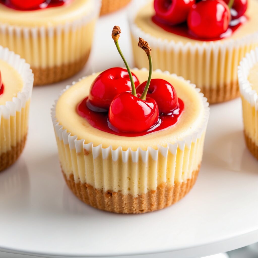 A tray of mini cheesecakes with vanilla wafer crusts, topped with fresh strawberries and whipped cream.