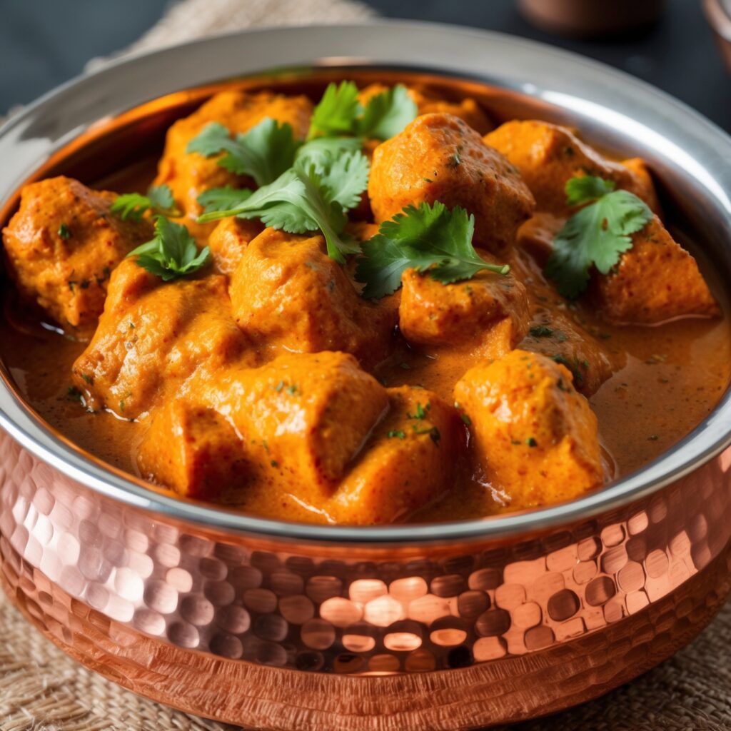 A bowl of Paneer Tikka Masala with creamy tomato gravy, garnished with fresh cilantro, served alongside naan bread.