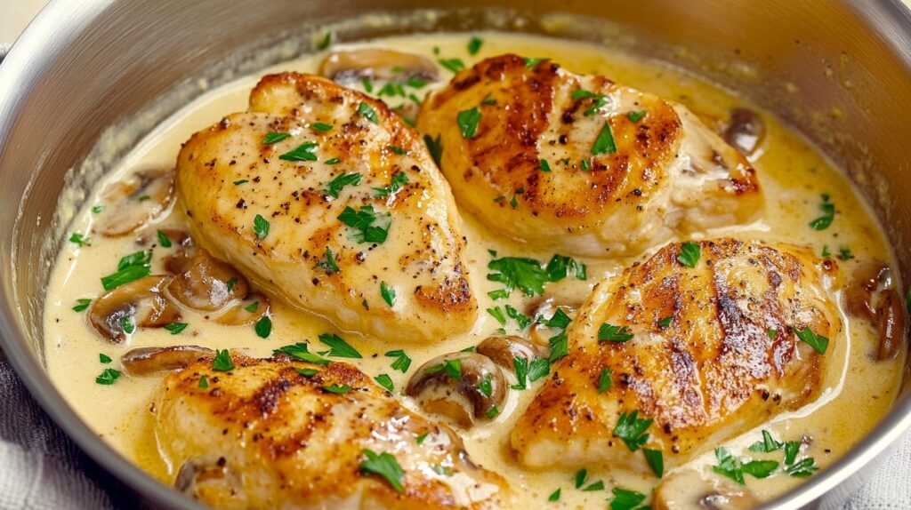 Creamy Parmesan Garlic Mushroom Chicken in a skillet, featuring golden-seared chicken breasts in a rich garlic-infused mushroom sauce, garnished with fresh parsley.