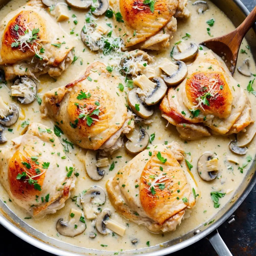 A skillet of Parmesan Garlic Mushroom Chicken garnished with fresh parsley and surrounded by mushrooms and parmesan cheese.