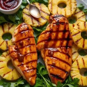 A skillet of Pineapple Barbecue Chicken garnished with fresh pineapple chunks and cilantro, served with barbecue sauce on the side.