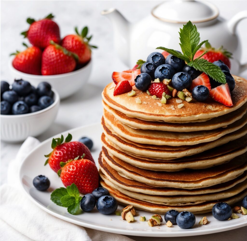 A stack of fluffy protein pancakes topped with fresh berries, a drizzle of maple syrup, and a dollop of Greek yogurt.