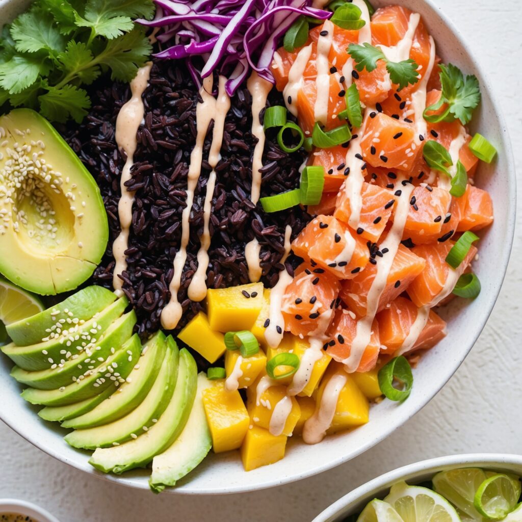 A rainbow poke bowl with fresh tuna, white rice, avocado, mango, purple cabbage, and edamame, garnished with sesame seeds and a drizzle of soy sauce.