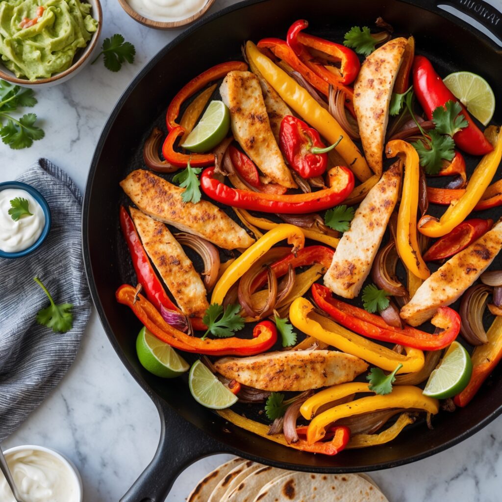 Sheet pan fajitas with tender roasted chicken strips, red and yellow bell peppers, caramelized onions, and garnishes including guacamole, pico de gallo, sour cream, and toasted tortillas on a marble surface.