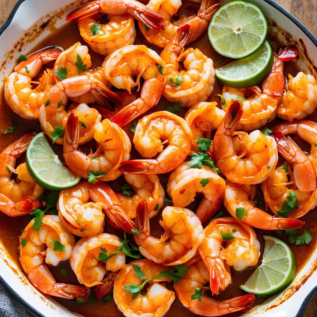 A plate of Spicy Shrimp garnished with fresh cilantro and lime wedges, served with rice.