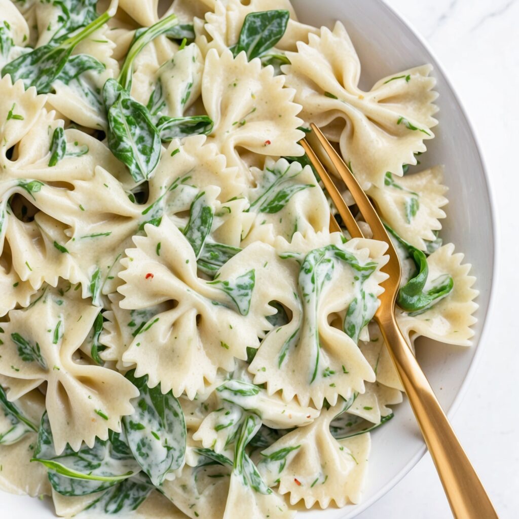 A creamy spinach artichoke dip pasta served in a skillet, garnished with Parmesan cheese and fresh parsley, with a wooden spoon ready to serve.